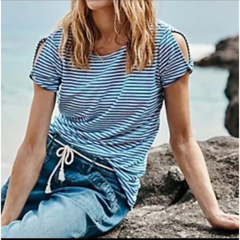 J. Jill Love Linen T-Shirt Womens Small‎ Petite Blue White Striped Short Sleeve